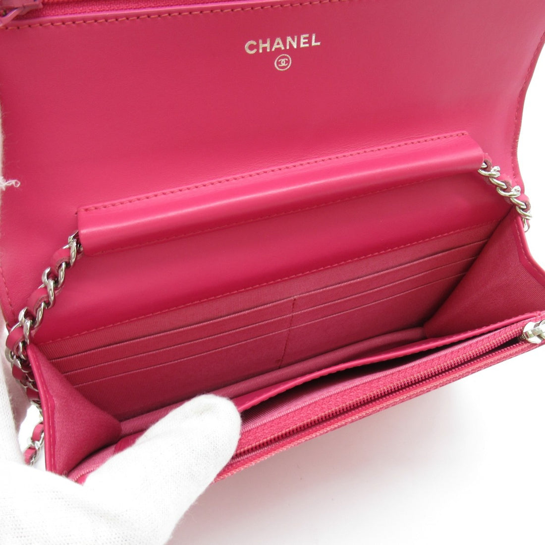 CC Quilted Patent Leather Wallet on Chain