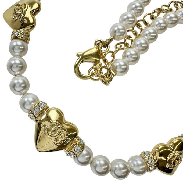 Chanel Triple Heart Coco Mark Pearl Necklace