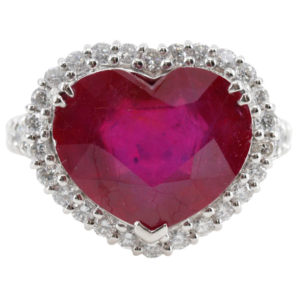 Pt900 Platinum Ruby Diamond Heart Ring