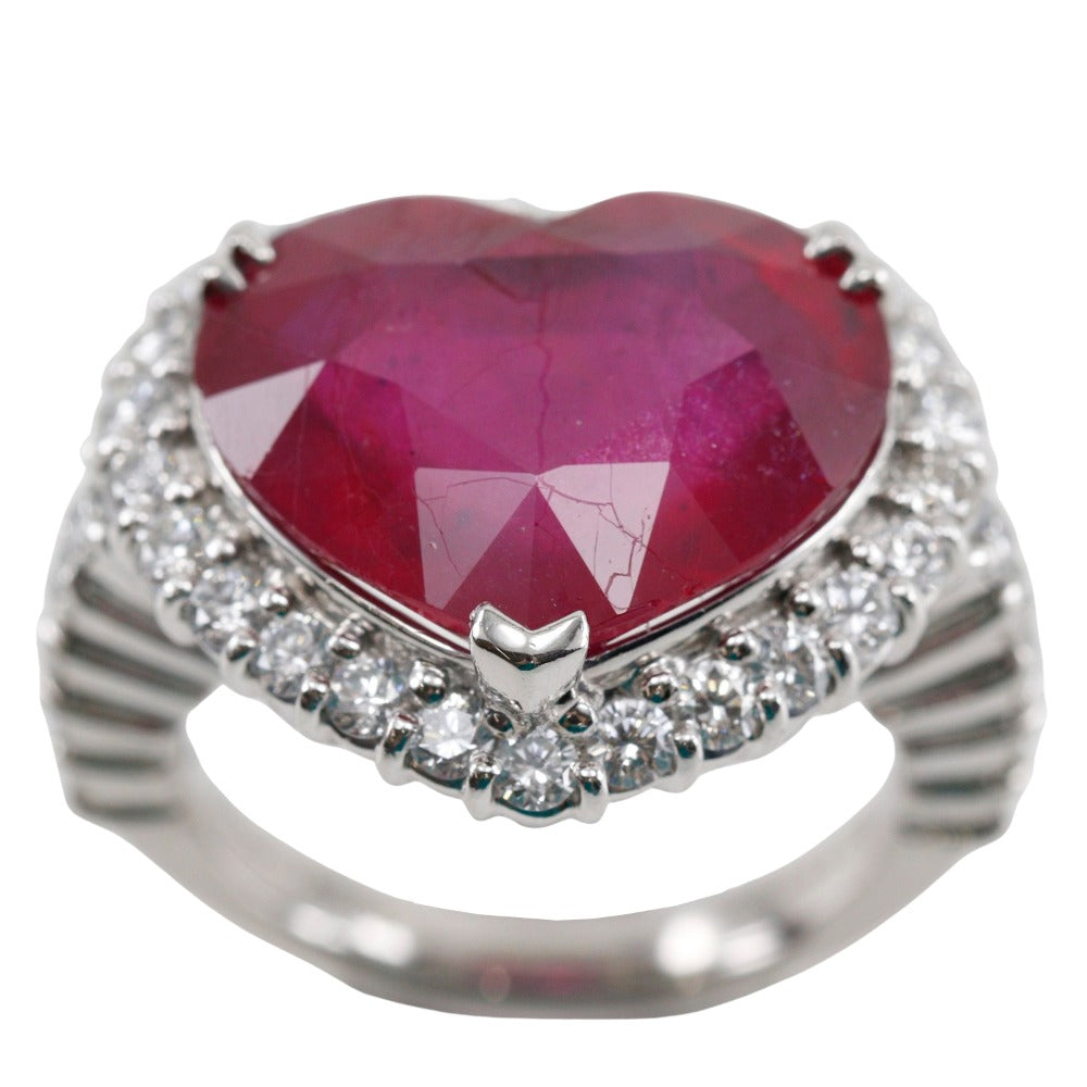 Pt900 Platinum Ruby Diamond Heart Ring