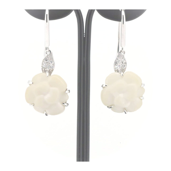 Chanel K18WG White Gold Camellia Chalcedony Diamond Earrings