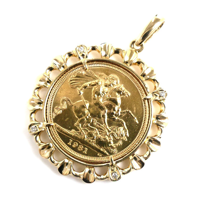 K22YG K18YG Gold Diamond Sovereign Coin Pendant