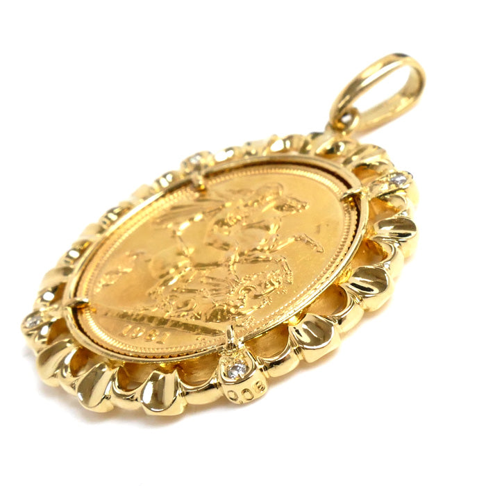 K22YG K18YG Yellow Gold Diamond Sovereign Coin Pendant