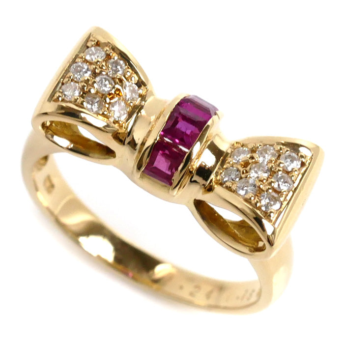 K18YG Yellow Gold Ruby Diamond Ribbon Ring