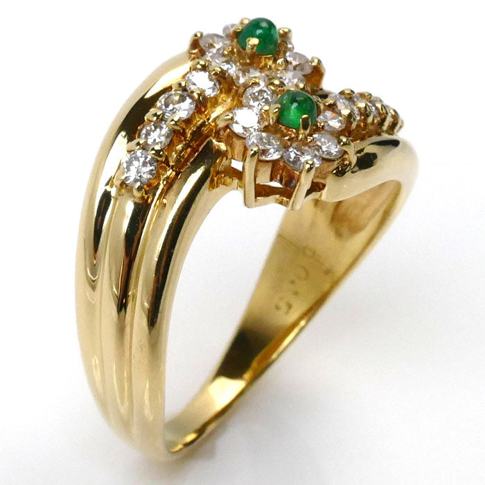 K18YG Gold Flower Ring Emerald Diamond