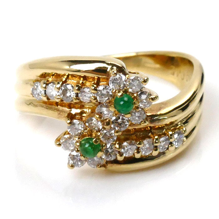 K18YG Gold Flower Ring Emerald Diamond