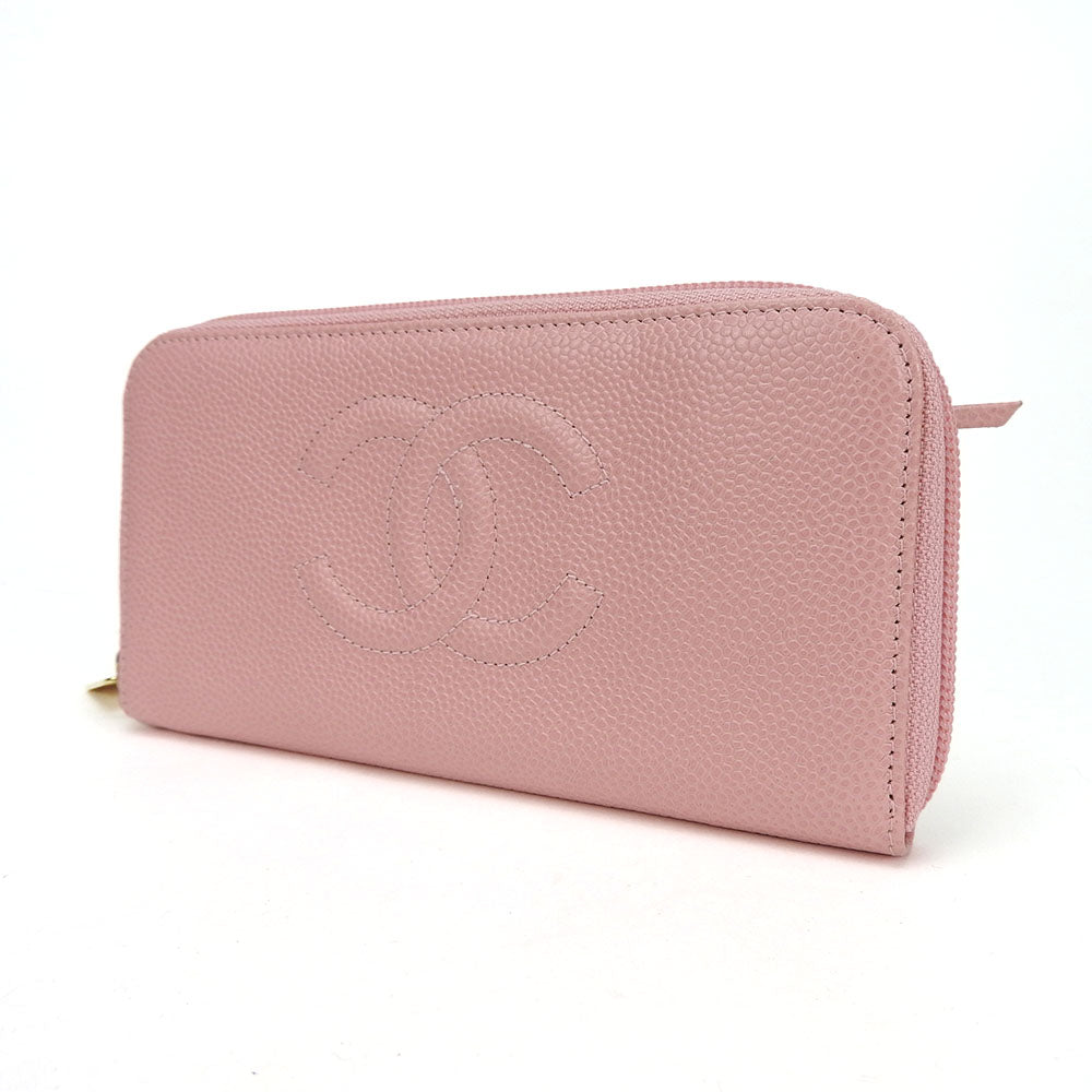 Chanel Caviar Skin Pink Zip Around Wallet