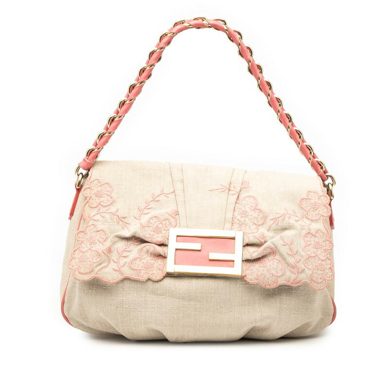 Fendi Mia Flower Embroidery Canvas Leather Shoulder Bag