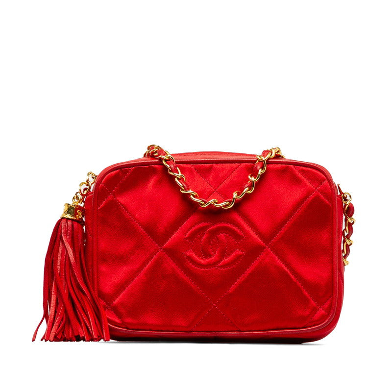 Chanel Matelasse Coco Mark Fringe Chain Shoulder Bag Red Leather Satin in Great Condition