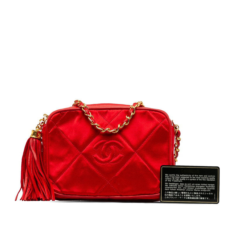 Chanel Matelasse Coco Mark Fringe Chain Shoulder Bag Red Leather Satin in Great Condition