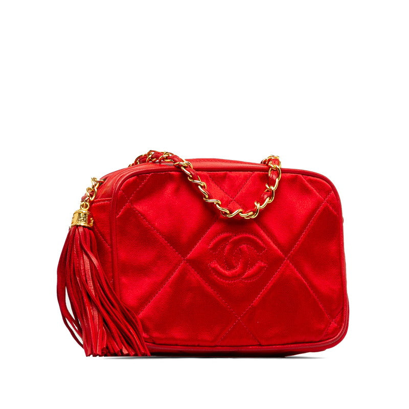 Chanel Matelasse Coco Mark Fringe Chain Shoulder Bag Red Leather Satin in Great Condition