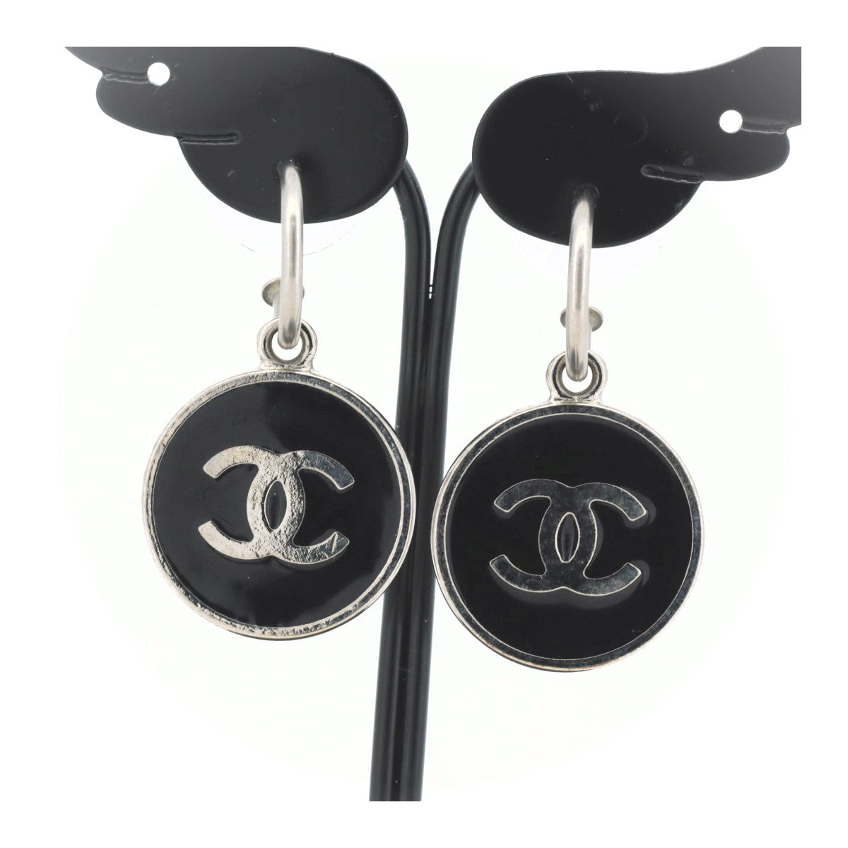 Chanel Coco Mark Earrings Black Silver in Very Good Condition