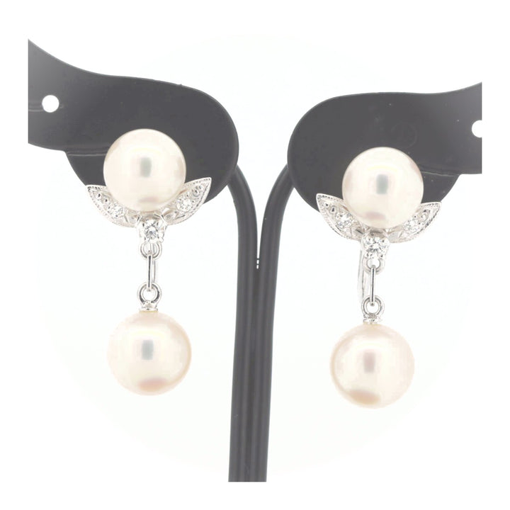 Mikimoto K14WG White Gold Pearl Diamond Earrings in Great Condition