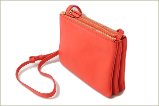 Celine Lambskin Trio SUN/Coral Orange 2way Shoulder/Clutch Bag