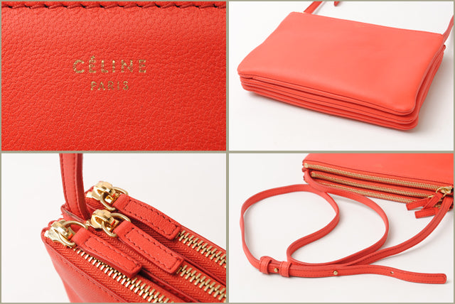 Celine Lambskin Trio SUN/Coral Orange 2way Shoulder/Clutch Bag