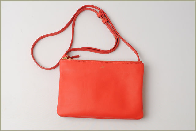 Celine Lambskin Trio SUN/Coral Orange 2way Shoulder/Clutch Bag