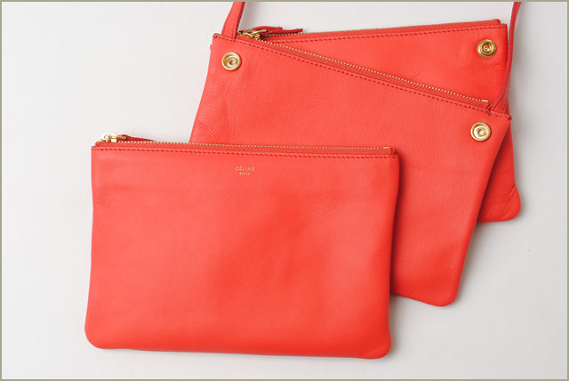 Celine Lambskin Trio SUN/Coral Orange 2way Shoulder/Clutch Bag