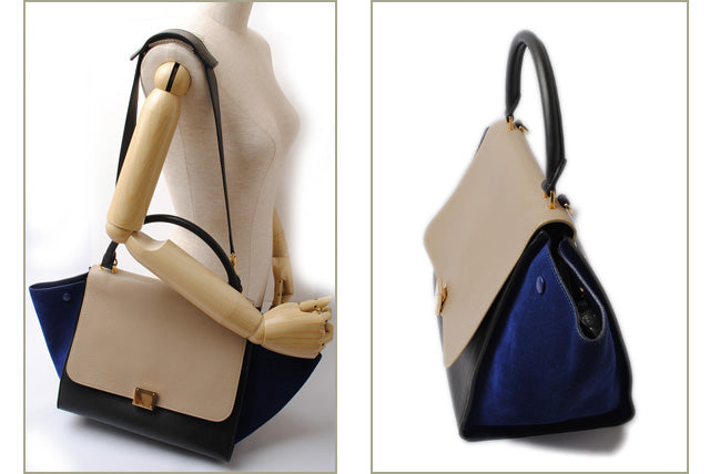 Celine Trapeze Handbag 169543 Sand Beige/Blue/Black 2way in Pristine Condition