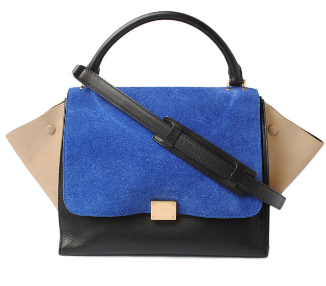 Celine Trapeze Handbag 169543 Blue/Sand Beige/Black 2way