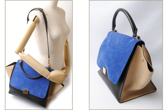 Celine Trapeze Handbag 169543 Blue/Sand Beige/Black 2way