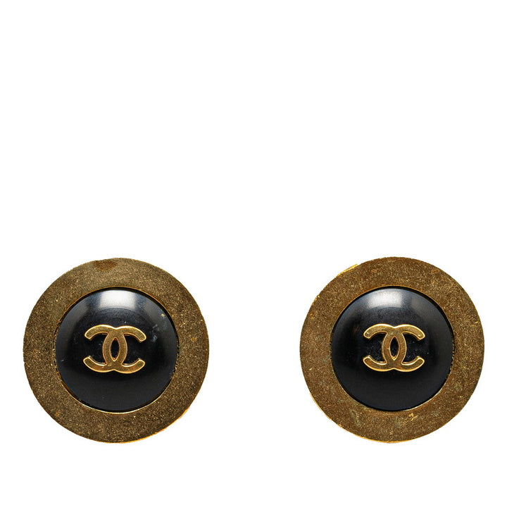 Chanel Vintage Coco Mark Button Motif Earrings Black Gold in Very Good Condition