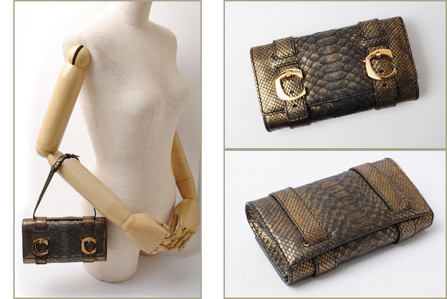 Corto Moltedo Python Leather Clutch/Shoulder Bag Golden Black in Excellent Condition