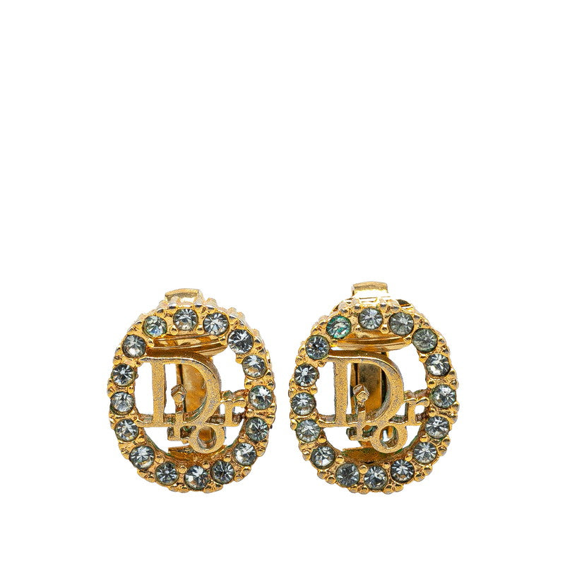 Dior Logo Round Rhinestone Clip-On Earrings Gold in Very Good Condition