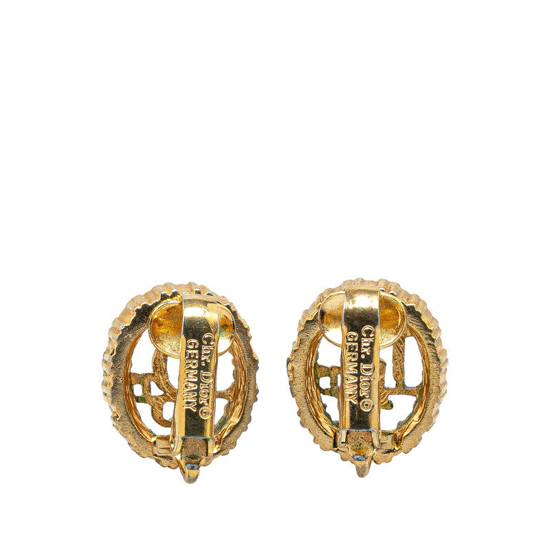 Dior Logo Round Rhinestone Clip-On Earrings Gold in Very Good Condition