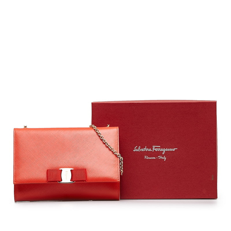 Salvatore Ferragamo Vara Ribbon Leather Chain Shoulder Bag Red