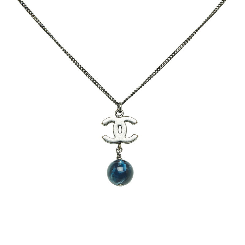 Chanel Coco Mark Stone Necklace Blue Black Silver Metal in Very Good Condition