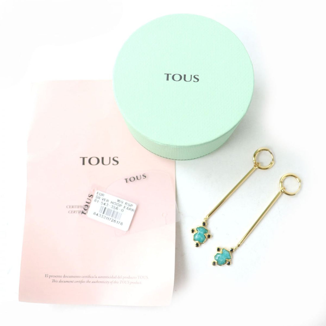 TOUS SV925 Bear Motif Vermeil Silver Amazonite Spinel Hoop Earrings