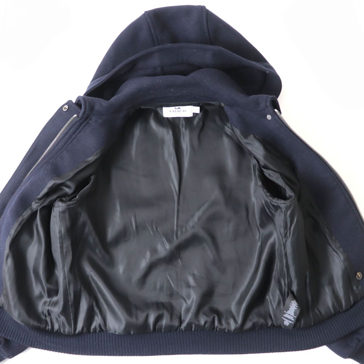 COACH Hooded Leather Duffle Coat Navy S