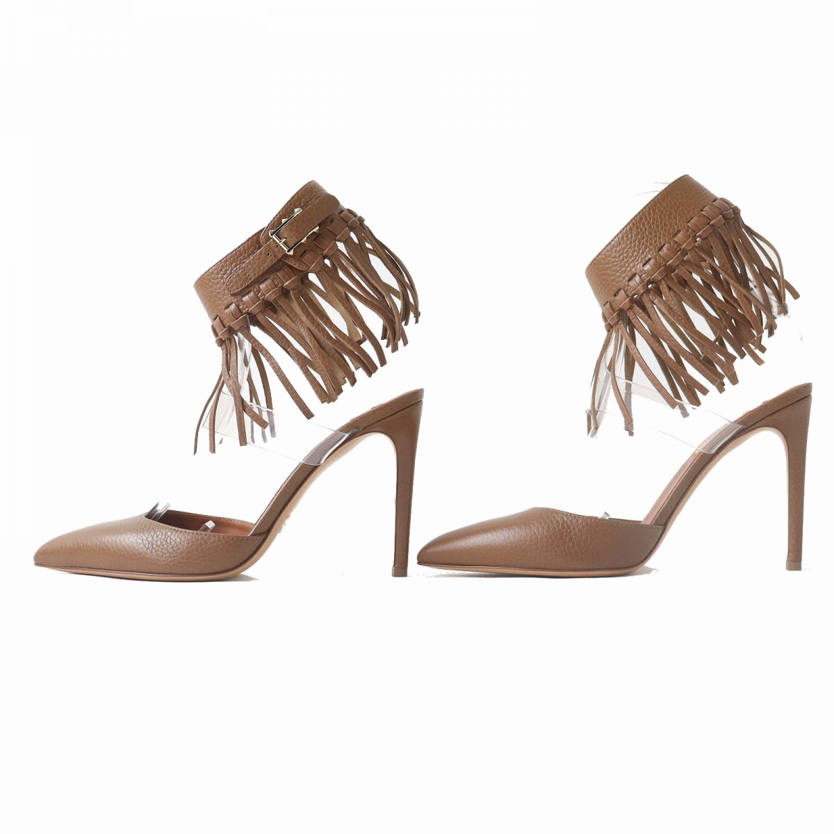 Valentino Rockstud Leather Fringe Pumps Brown