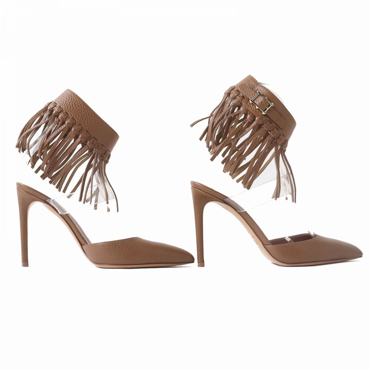 Valentino Rockstud Leather Fringe Pumps Brown