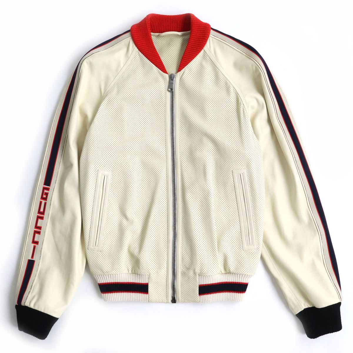 Gucci Brogue Leather Bomber Jacket Ivory 44