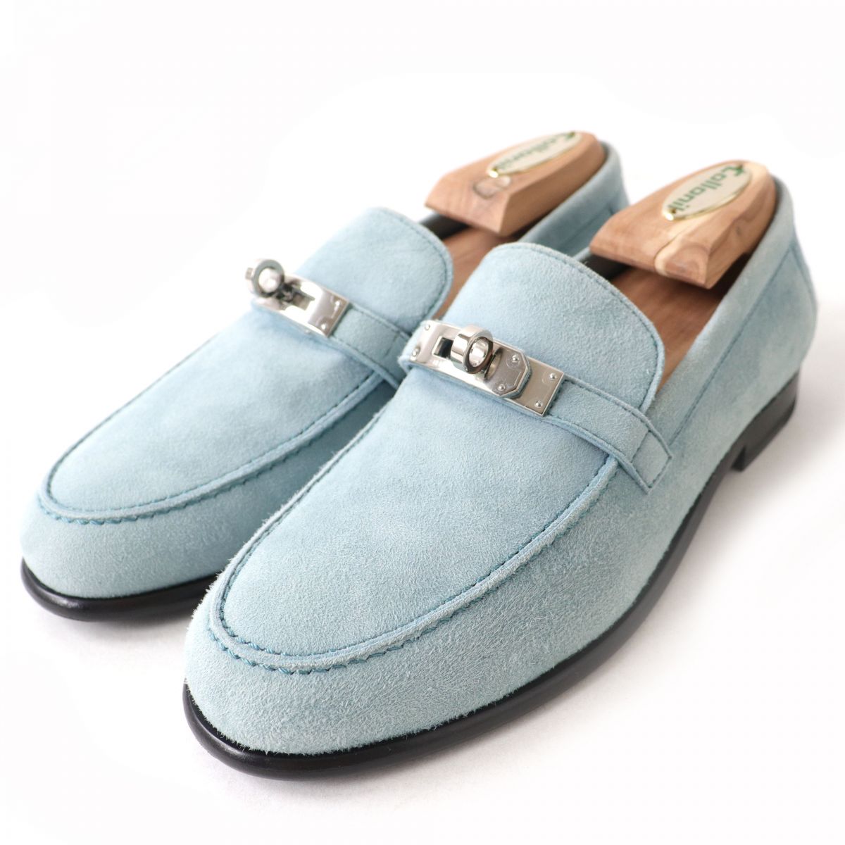 Hermes Kelly Suede Leather Loafers Light Blue 36