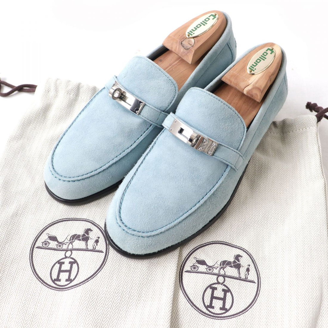 Hermes Kelly Suede Leather Loafers Light Blue 36