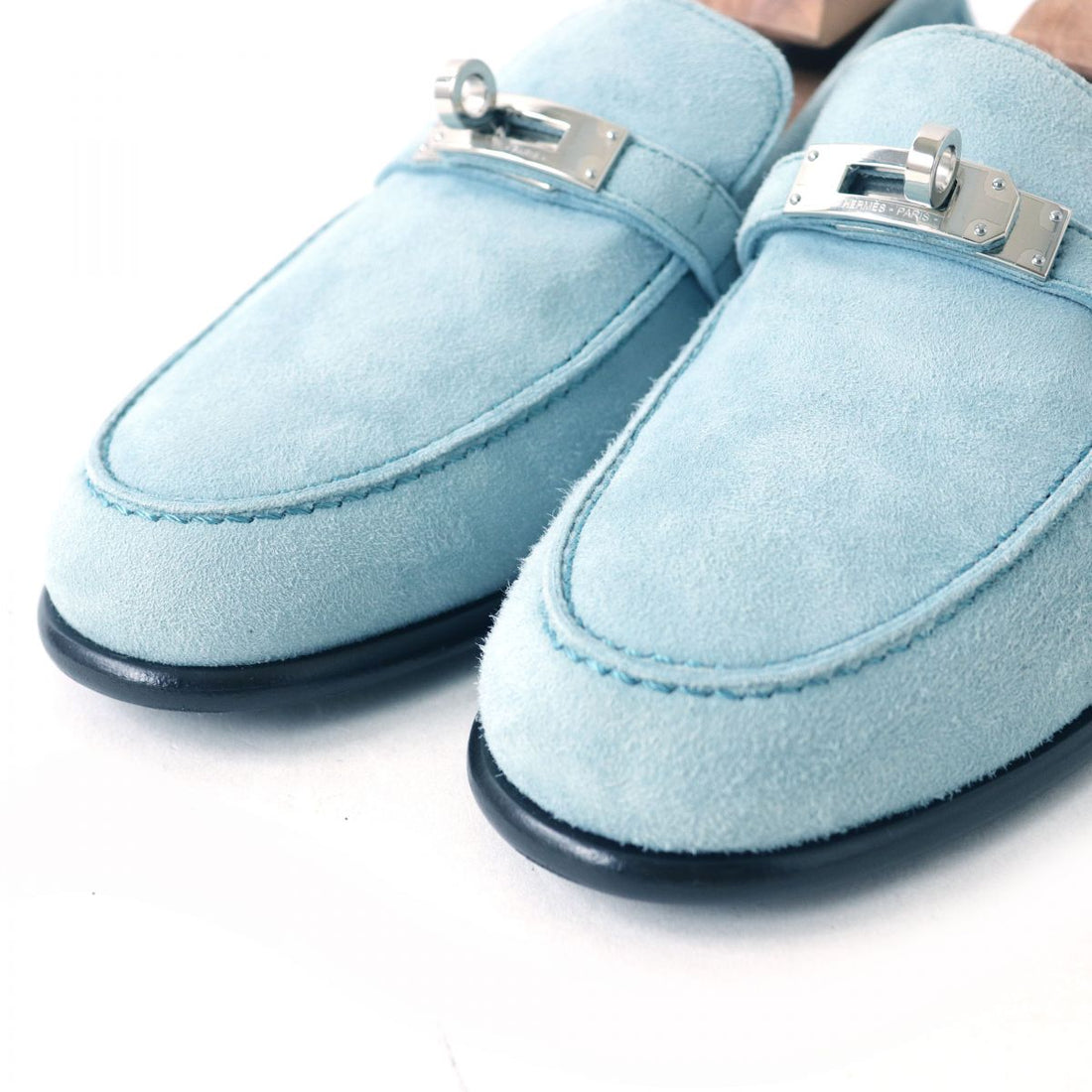 Hermes Kelly Suede Leather Loafers Light Blue 36