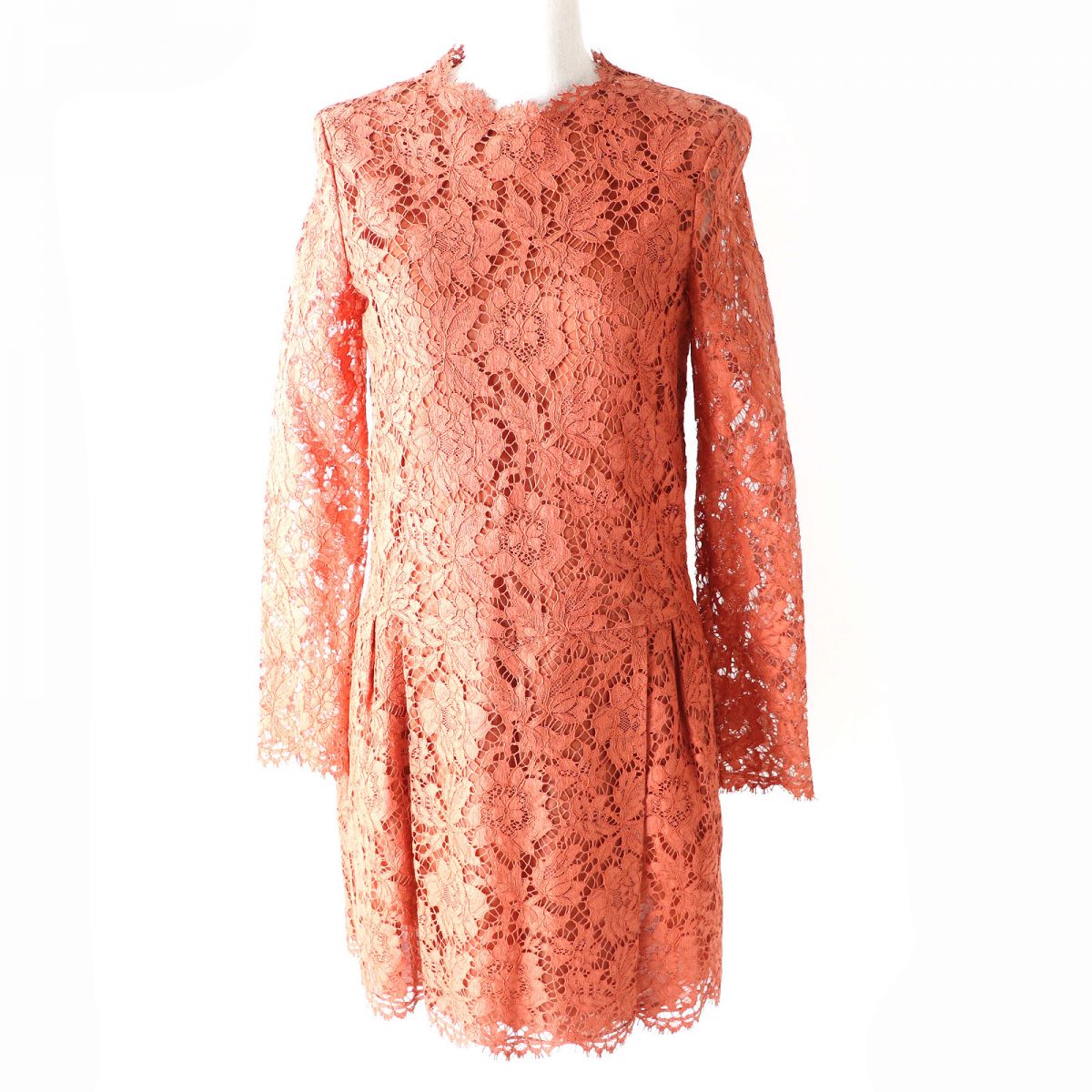 Valentino Floral Lace Long Sleeve Mini Dress Orange Brown