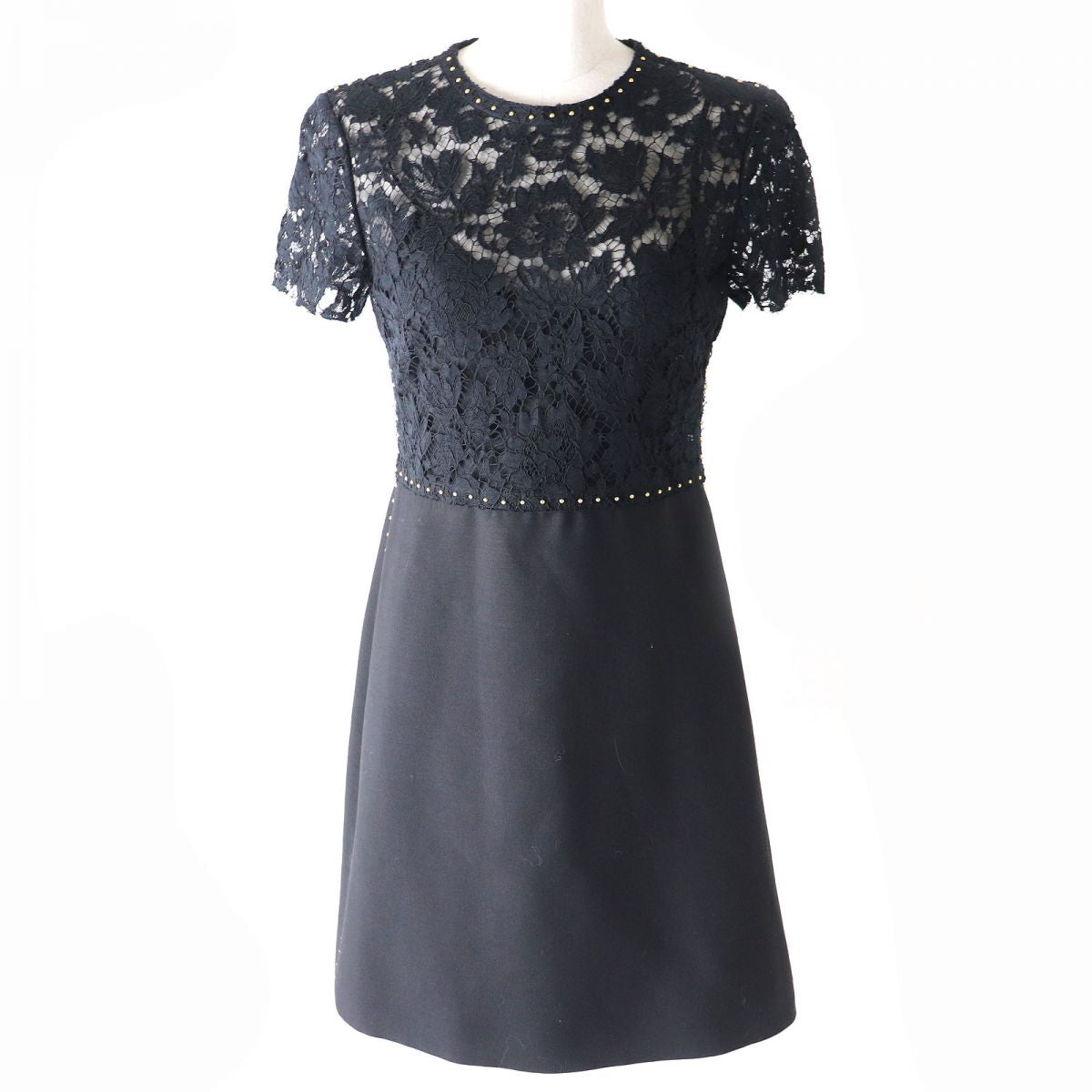 Valentino Women's Lace-Trimmed Short-Sleeved Dress, Black