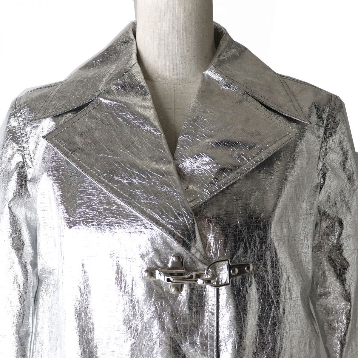 Dior Logo Embroidered Metallic Long Coat Silver Women's 40