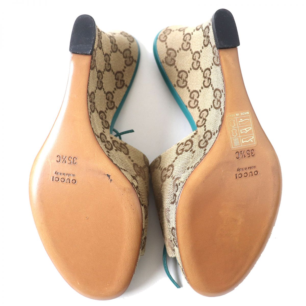 Gucci GG Canvas Leather Wedge Sandals, Size 35.5