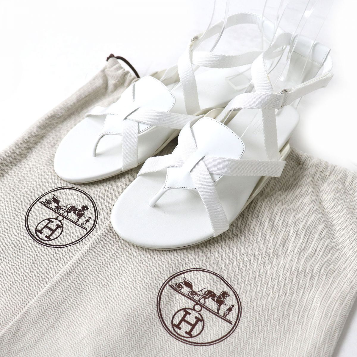 Hermes AURA Leather Flat Sandals White 38