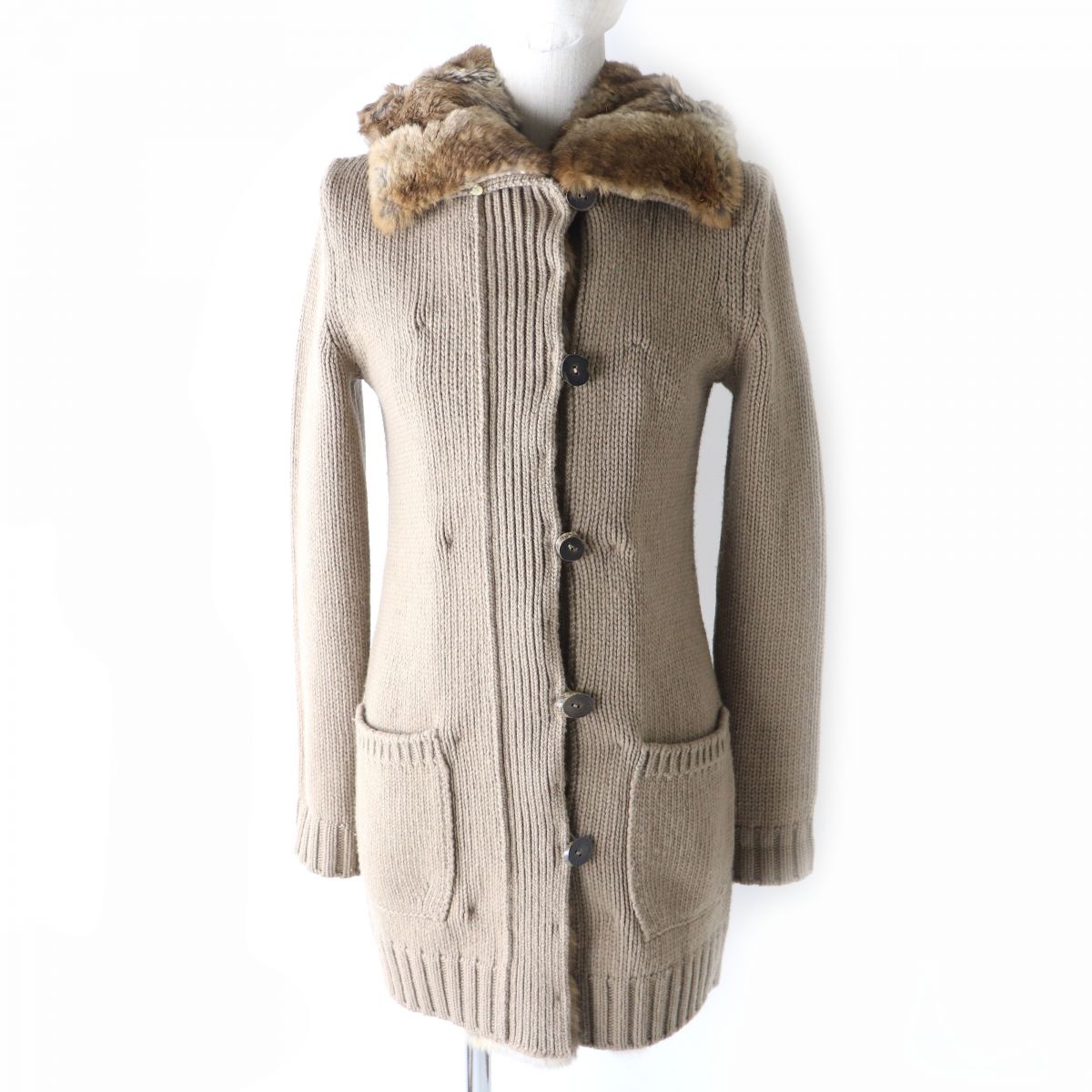 S'Max Mara Fur Hooded Cashmere Knit Coat Beige S