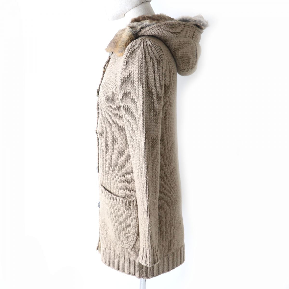 S'Max Mara Fur Hooded Cashmere Knit Coat Beige S