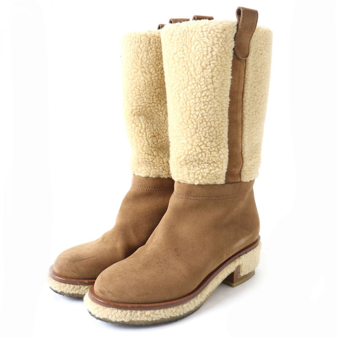 Chanel Suede Shearling Boots 37C Brown Beige