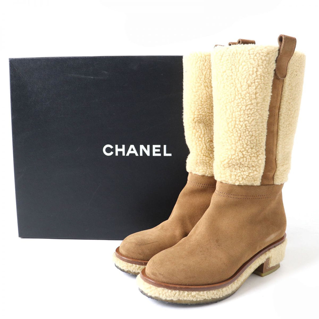 Chanel Suede Shearling Boots 37C Brown Beige