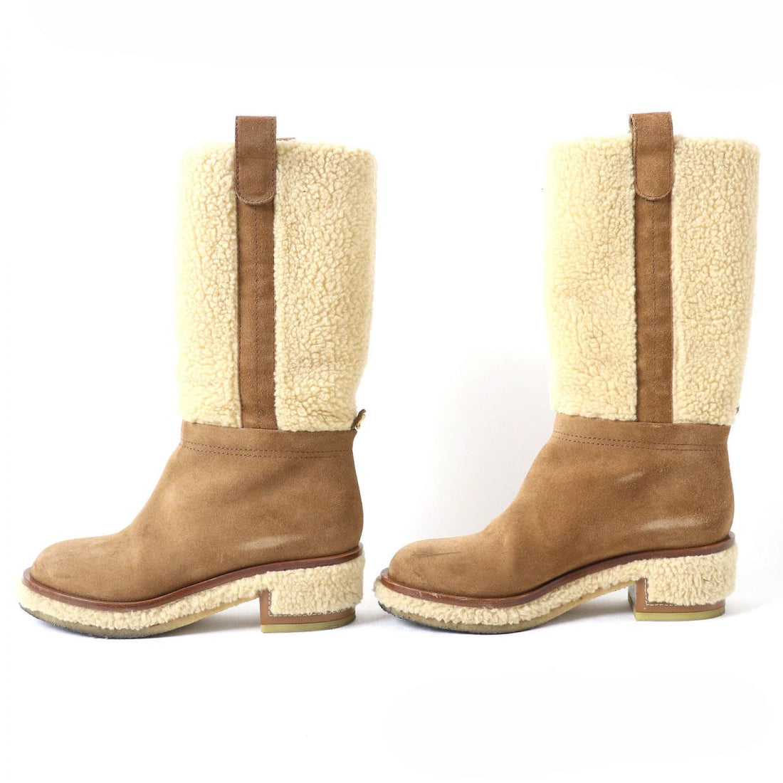 Chanel Suede Shearling Boots 37C Brown Beige