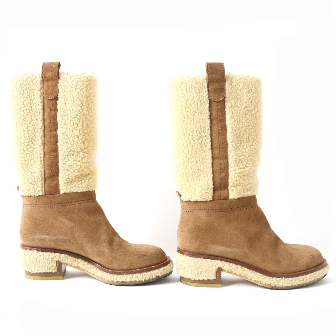 Chanel Suede Shearling Boots 37C Brown Beige