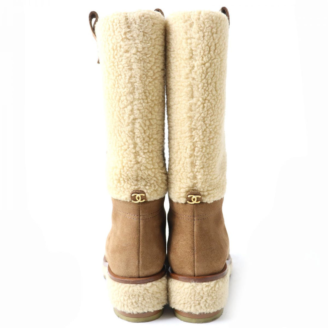 Chanel Suede Shearling Boots 37C Brown Beige